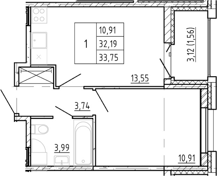 1-комнатная квартира 32.19 м², 7/12 эт., ЖК «Полис Новоселье»